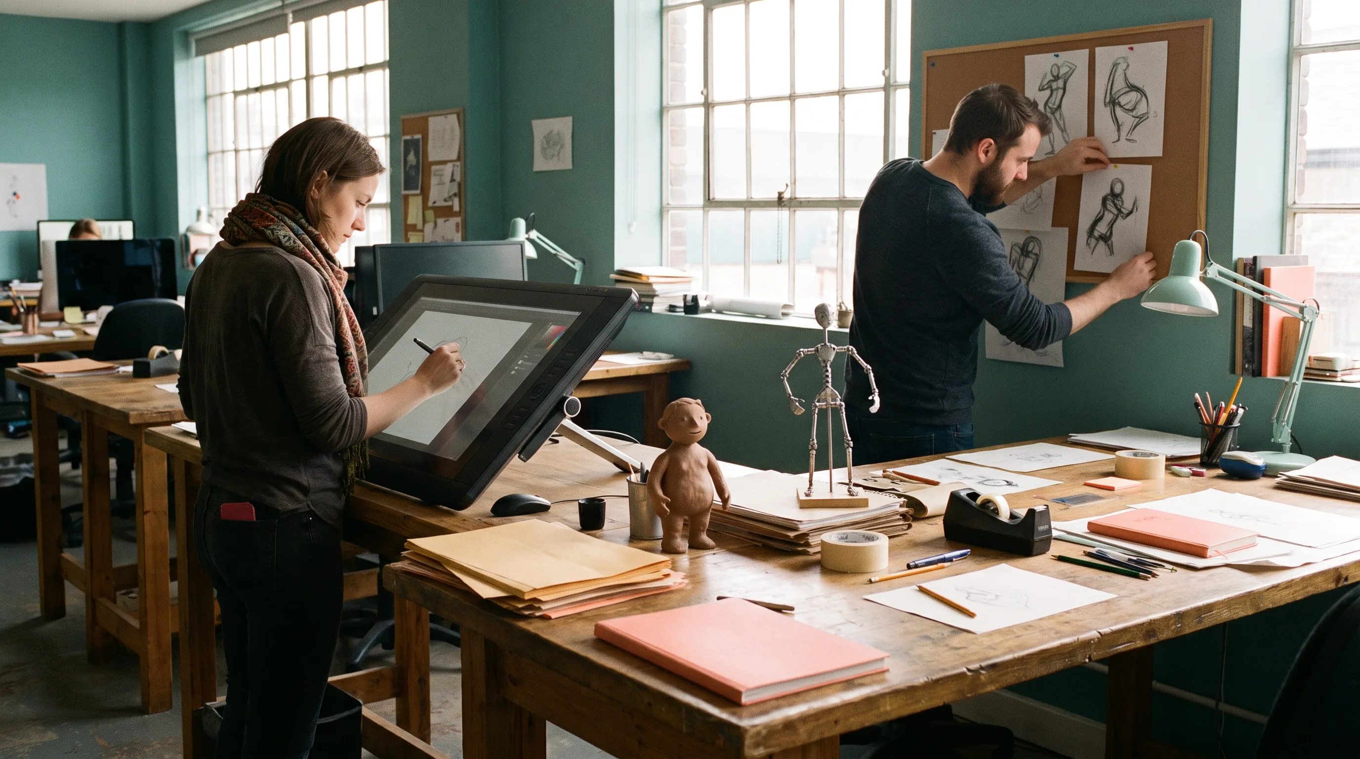 Two animators working around a wooden studio table with sketches and a puppet armature.