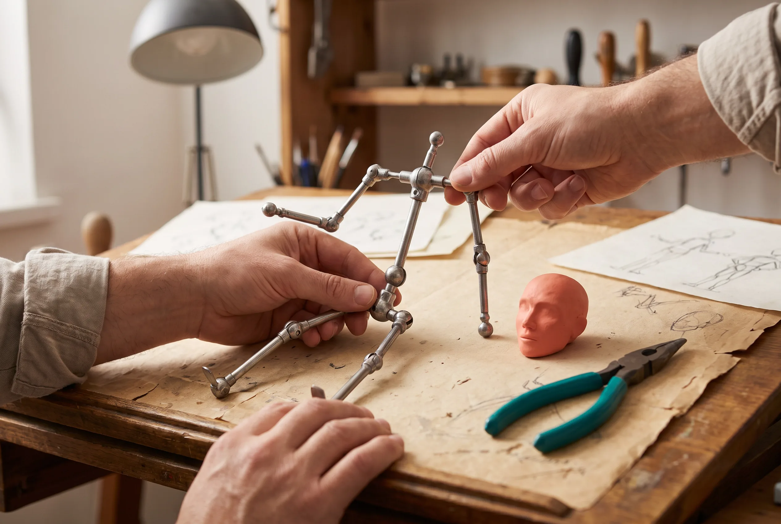 Hands bending a metal ball-joint armature on a workshop desk.