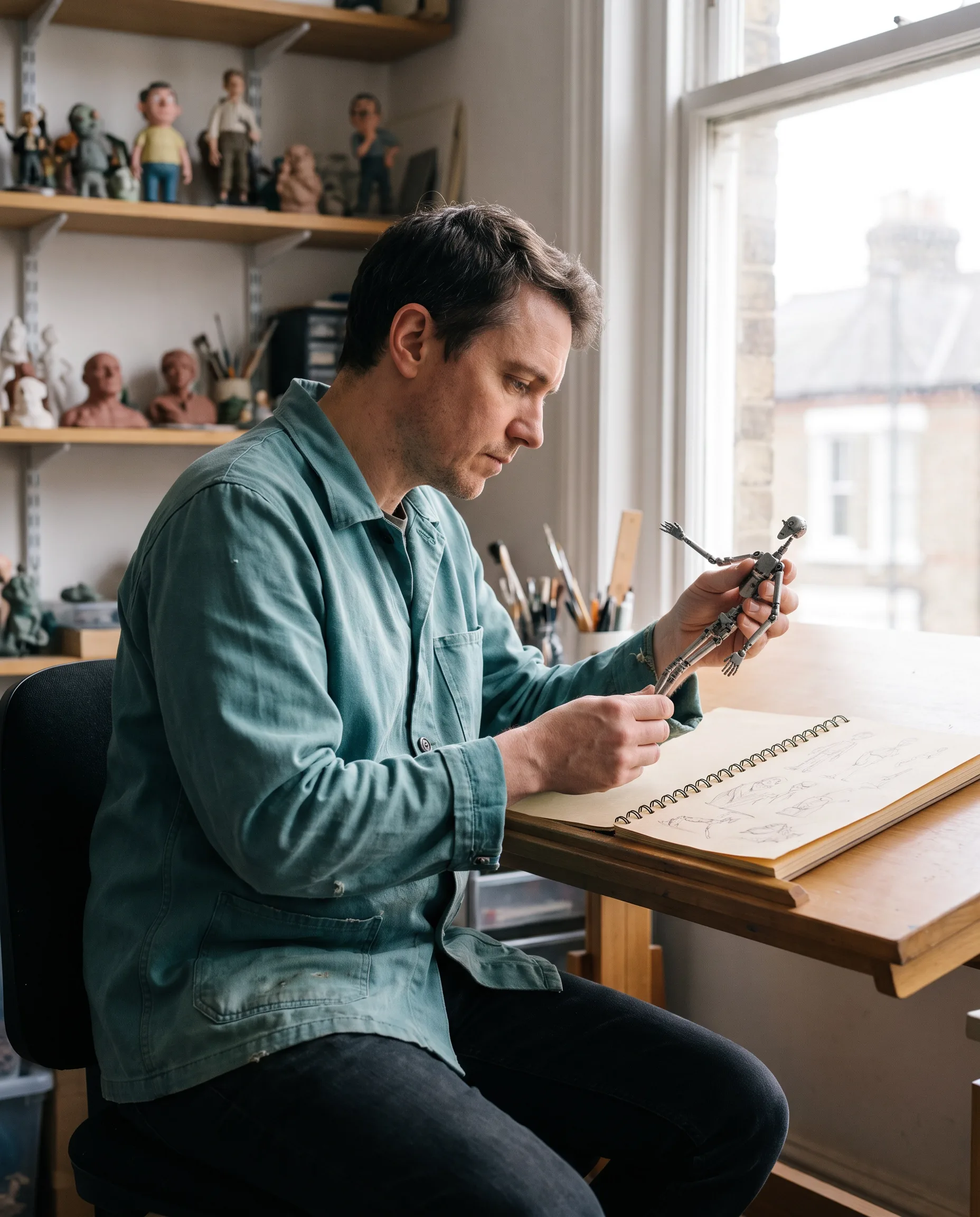 Animator studying a metal puppet armature at a sunlit drawing desk.