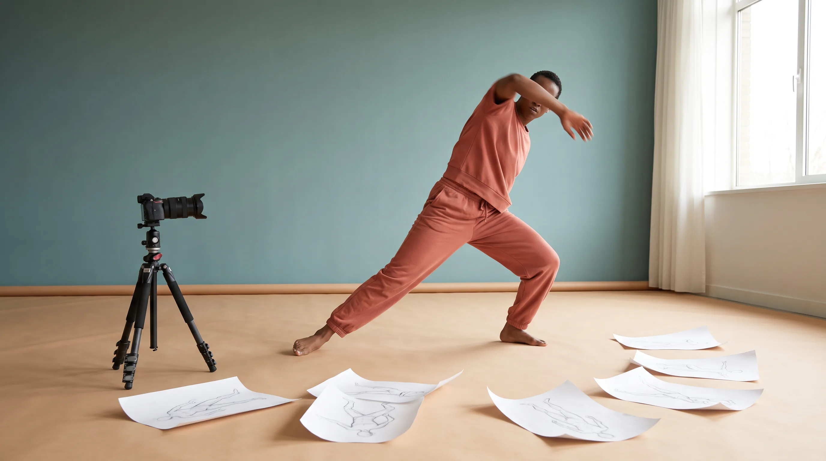 Performer using an extended stopping pose as movement reference in a studio.