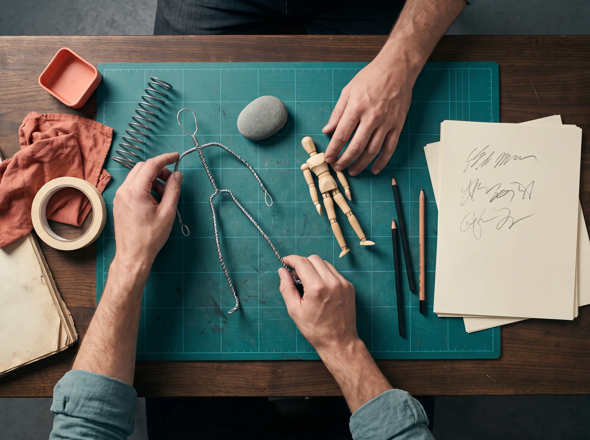 Hands arranging a wire figure, wooden mannequin, spring, and other physical pose reference objects.
